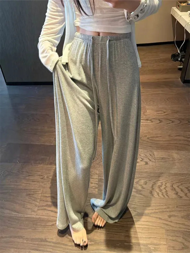 Women's Straight Pants Spring Summer Loose Casual High Waist Wide-leg Pants Drawstring Solid Gray Trousers Women