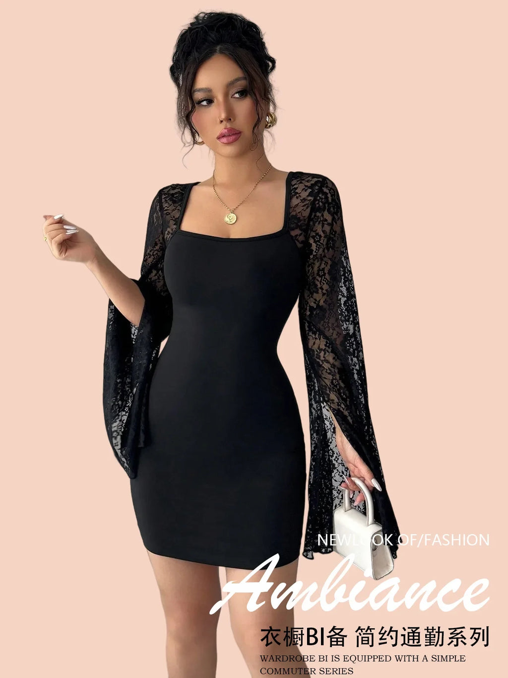 2026 Autumn New Flare Sleeve Split Lace Patchwork Square Neck Bodycon Dress Women