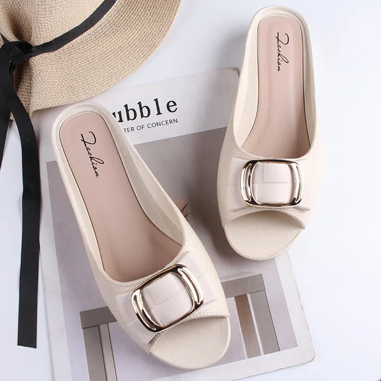 Summer Women Square Buckle Open-Toe Slippers Single Strap Flat Sandals Lady Solid Color Outdoor Beach Shoes Adult Casual Sandals