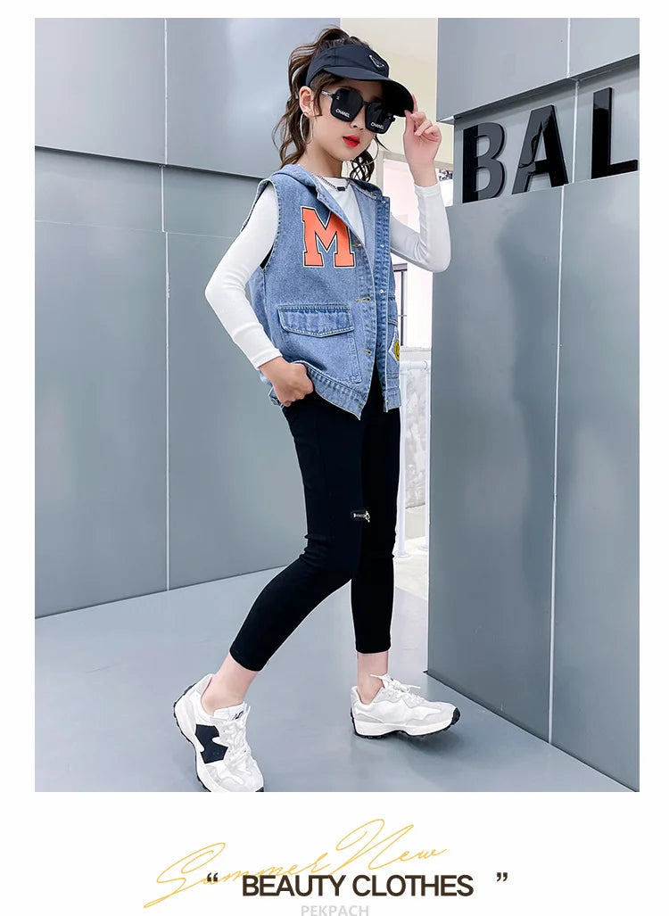 Korean Kids Vintage Hoodies Denim Vest For Girls Casual Streetwear Clothing Teens Child Hooded Denim Waistcoat Jacket Outfits