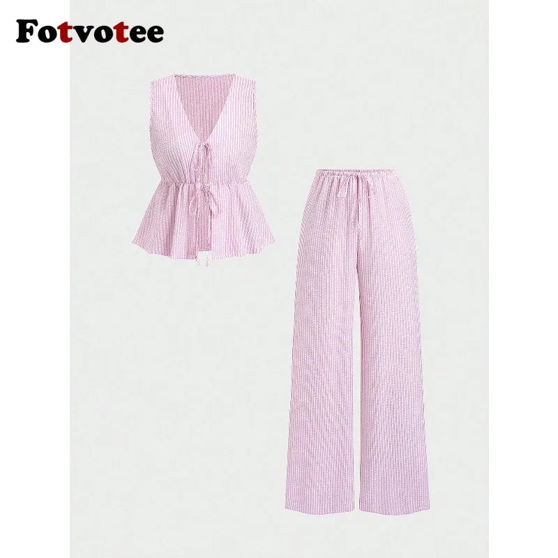 FOTVOTEE 2 Piece Sets Womens Outfits Striped V Neck Lace Up Sleeveless Blouse High Waist Wide Leg Pants Suits Casual Tracksuits