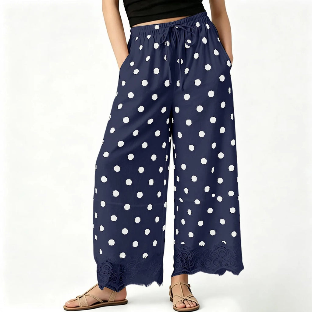 Vintage Polka Dot Women's Pants Lace Hem Loose Wide Leg Pants Drawstring Elastic Waist Side Pocket Baggy Trousers Pantalones