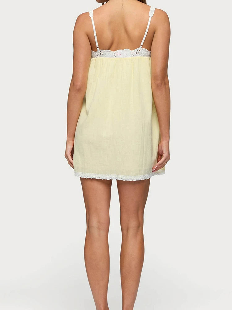 Coquette Style Lace Strap Mini Dress Women Light Yellow Loose Babydoll Dresses Sleeveless Square Neck Casual Beach Dress