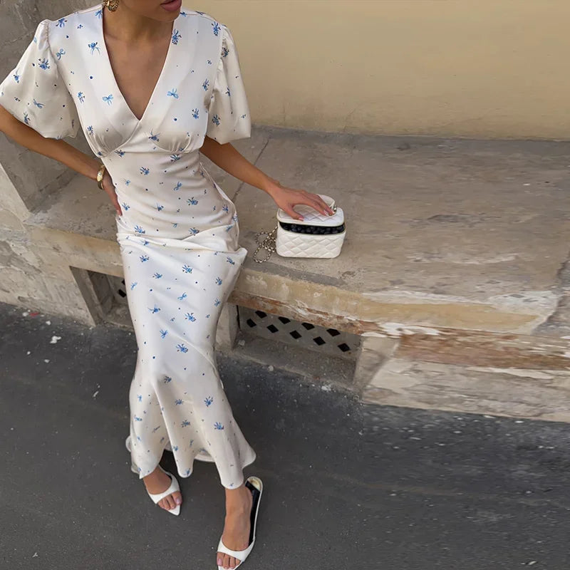 Elegant Print Women Long Dress Fashion V-neck Pleated Flutter Short Sleeve Empire Female Dresses 2026 Summer Chic Female Robe