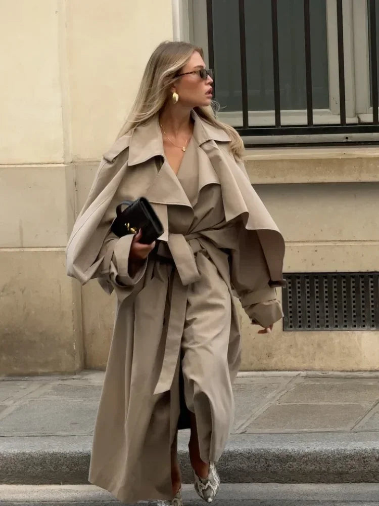 Casual Lace Up Long Trench Coat Women Chic Solid Color Full Sleeve Lapel Windbreaker 2026 Fall New Fashion Loose Commute Jackets