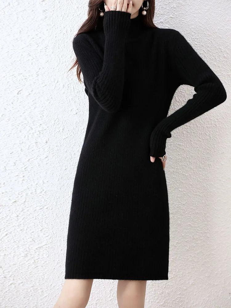 Fashion Cashmere Sweater Womens Knitted Dresses 100% Merino Wool Turtleneck Elegant Dress Autumn Winter Long Sleeve Short Skirts