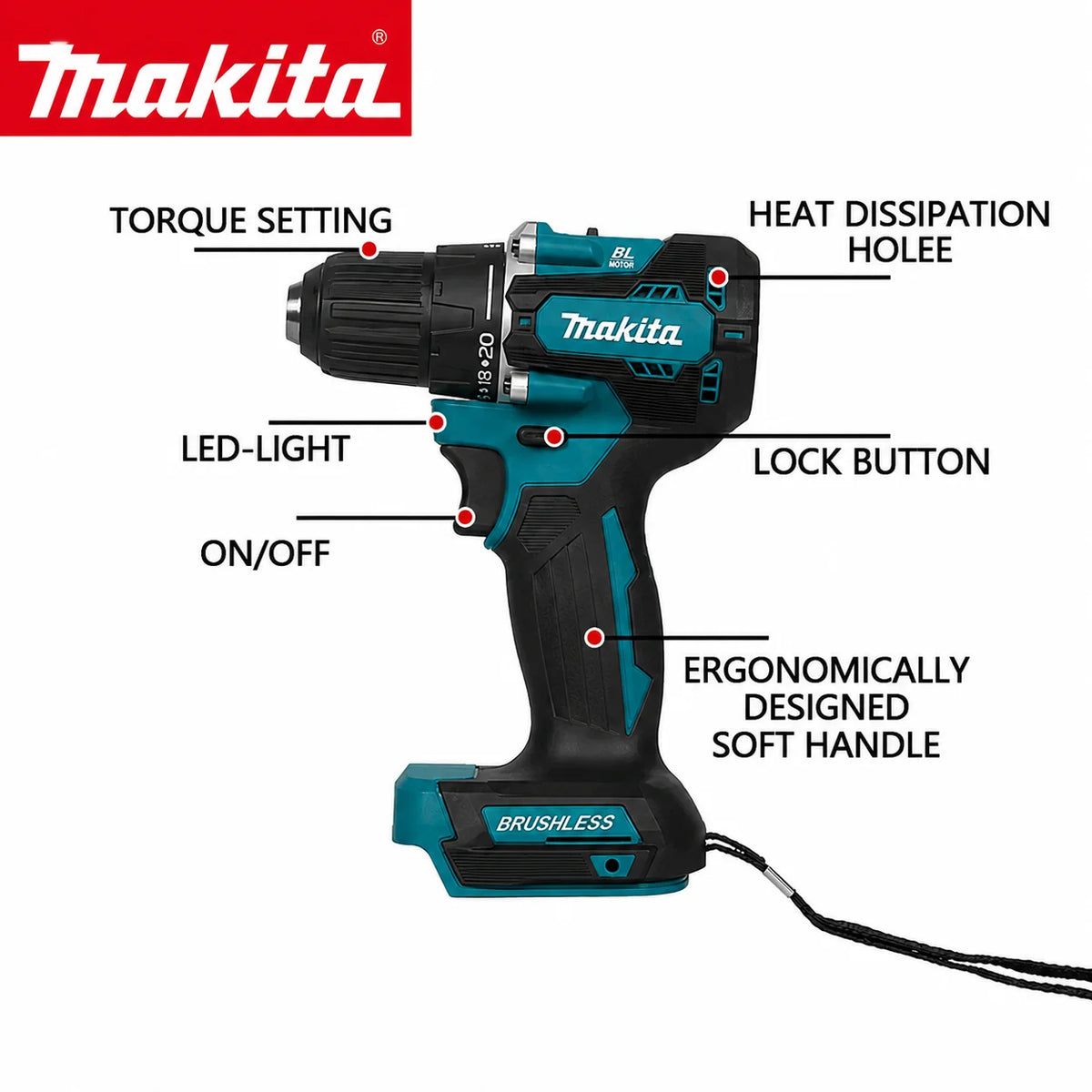 Makita DDF487 10mm Brushless Household 18V Lithium-ion Charging Impact Drill,high Torque Electric Screwdriver Makita 18V Battery