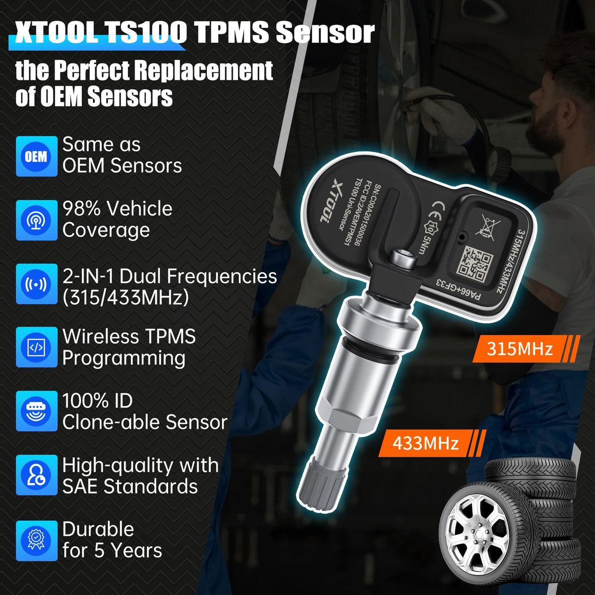 XTOOL TS100 PRO 4PCS Upgraded TPMS Sensor 315Mhz/433MHz Tire Pressure Monitoring Tester Programmed by XTOOL TP150/IP819TP