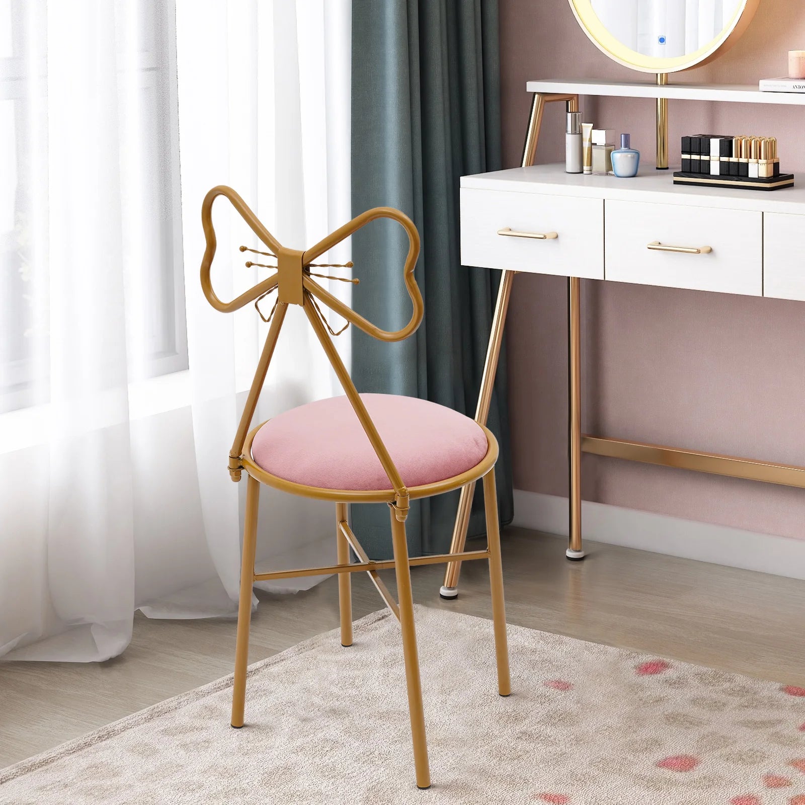 Butterfly Bow Tie Vanity Chair Modern Vanity Stool Velvet Cushion Makeup Chair Metal Frame Butterfly Backrest Chair Dining Chair