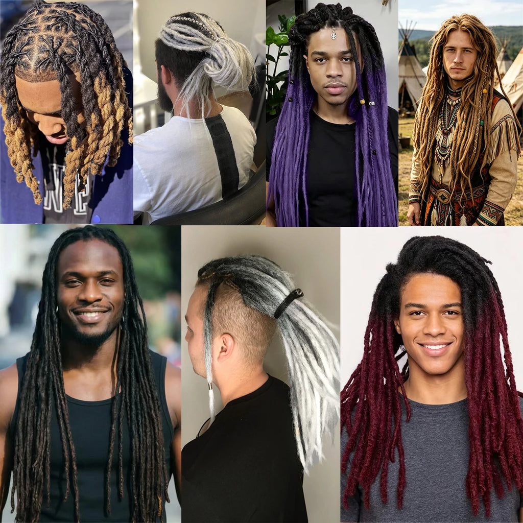 20Strands 24 Inch Synthetic Dreadlock Extensions Ombre Black 0.6cm Width Single Ended Hippie Reggae Style Crochet Hair for Men