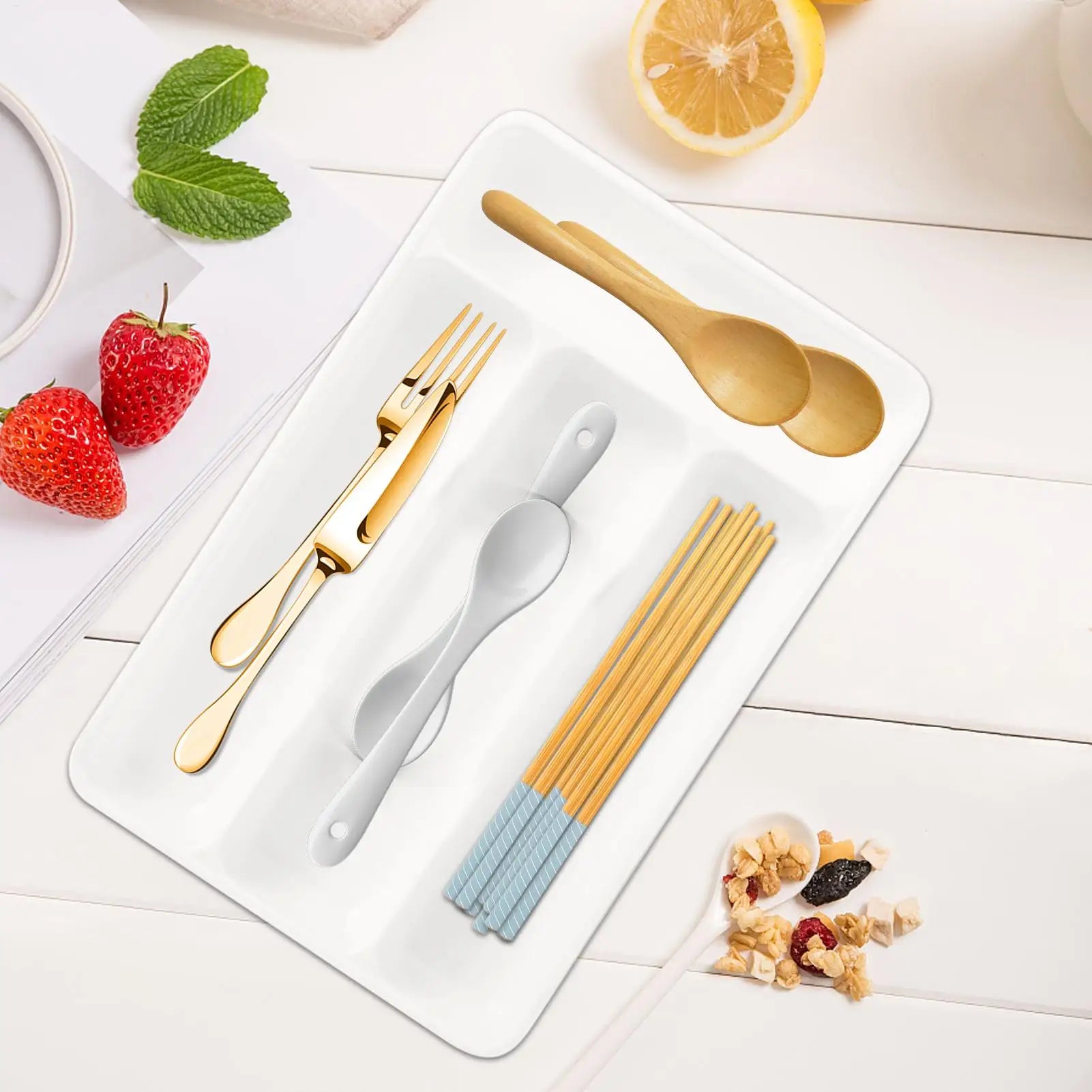 Compact Silverware Organizer with 4 Compartments Flatware Holder, Kitchen Cabinet Countertop Storage Solution Home Use