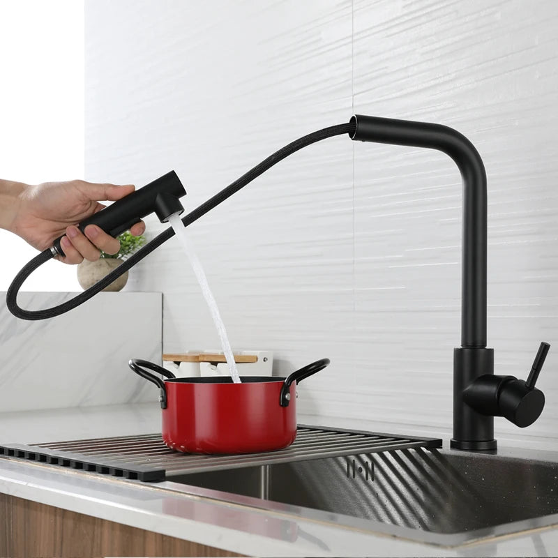 Stainless Steel Kitchen Sink Faucet Pull Out Sprayer Hot Cold Water Mixer Tap Deck Mounted Single Hole Modern Kitchen Tap