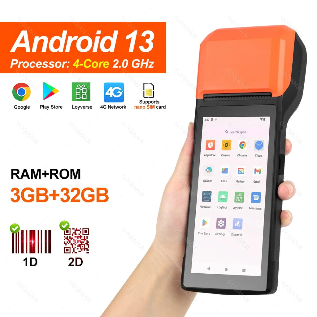 4G Android 13 / 8.1 Pos Terminal Wireless Handheld Printers 1D 2D Scanner Reader NFC Built-in 58mm Receipt Impressora Termica
