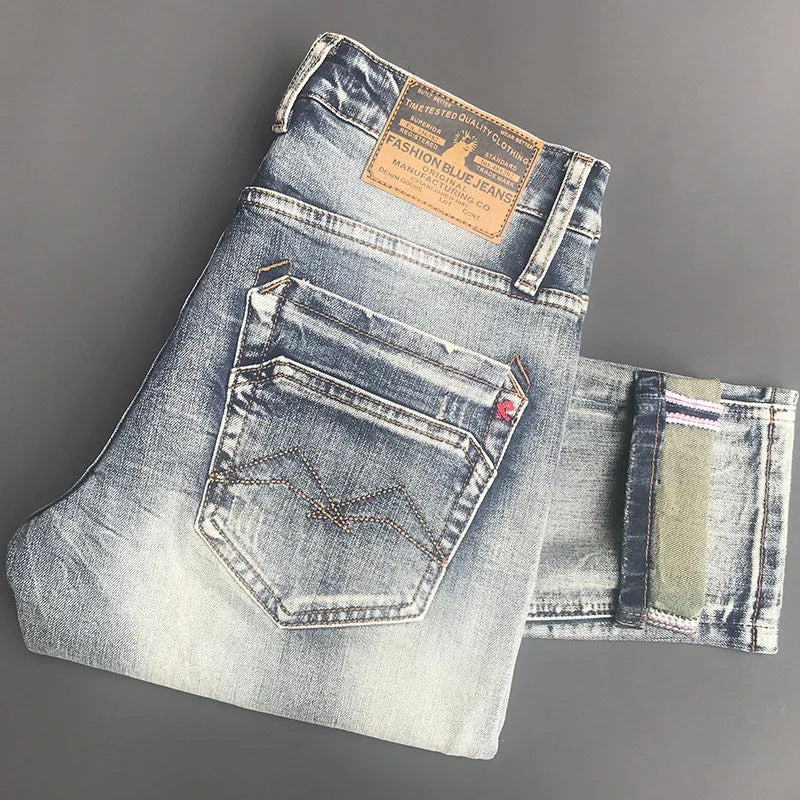 New Trendy Brand Jeans for Men Spring Autumn Slim Fit Small Feet Elastic Water Washed Retro Trendy Casual Long Pants