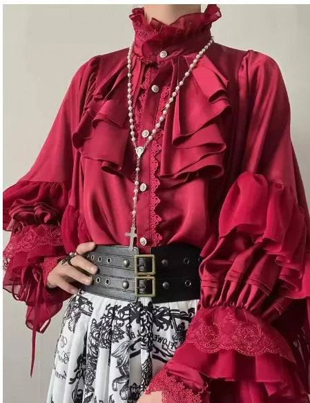 Gothic Style Silver Shirt Spring and Autumn New Bat Sleeve Loose Long Sleeve Shirts Lolita Court Style Women's Camisas Top Y2k