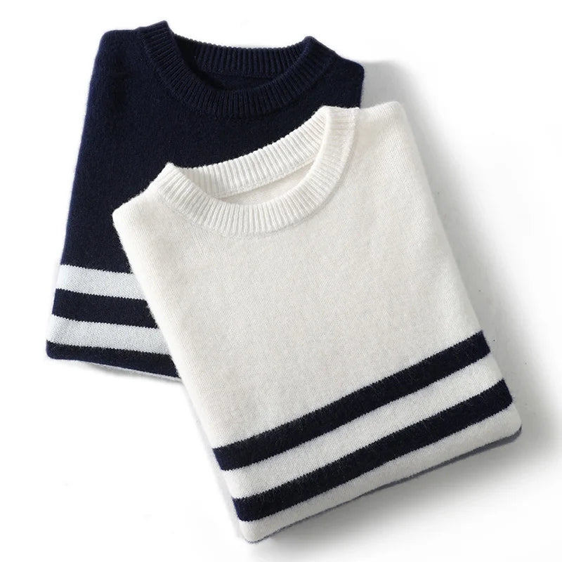 2024 Autumn/Winter New Round Neck 100% Pure Wool Sweater Men's Casual Loose Thick Sweater Striped Knitted Base Cashmere Sweaters
