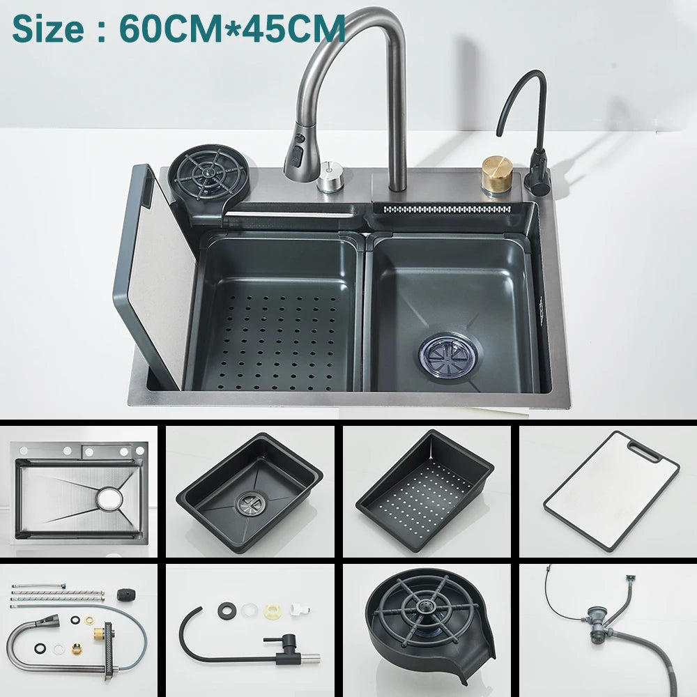 304 Stainless Steel Kitchen Waterfall Sink Digital Display Large Single Sink Dish Basin Sink With Multifunction Touch Waterfall