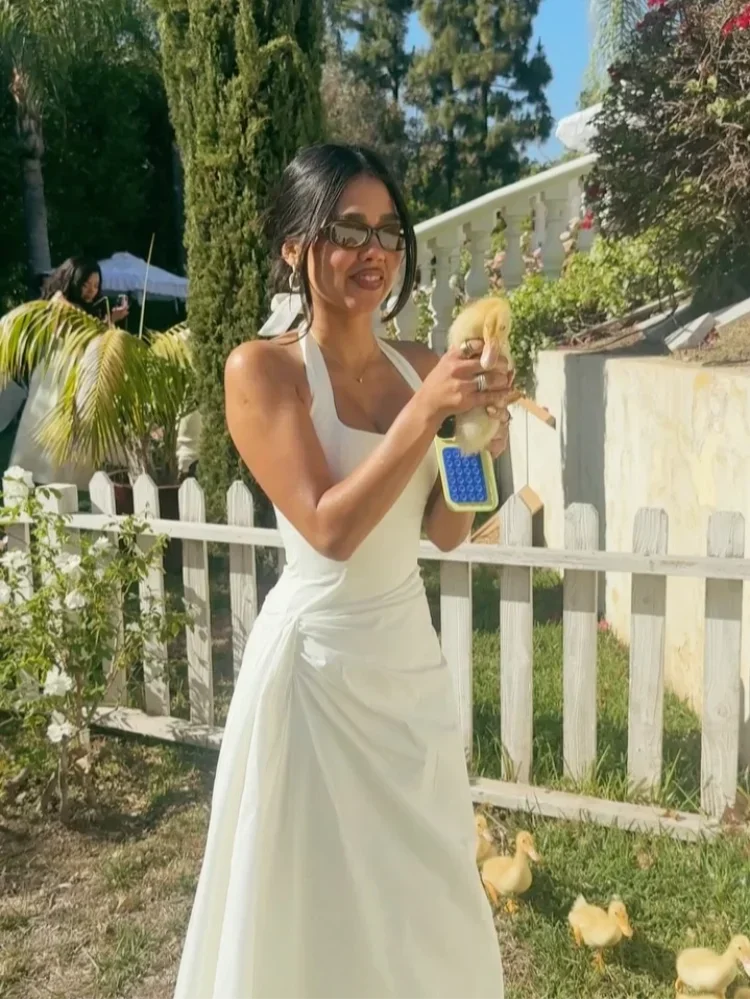 Chic Women White Ruched Waist Maxi Dress Sexy Sleeveless Halter Neck A Line Vestidos Elegant Daily New Party Street Summer Gowns