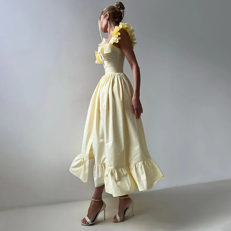Fashionable Striped Ruffle Pleated Women's Dress Elegant Solid Square Neck Single Button Dresses Female Summer Chic Casual