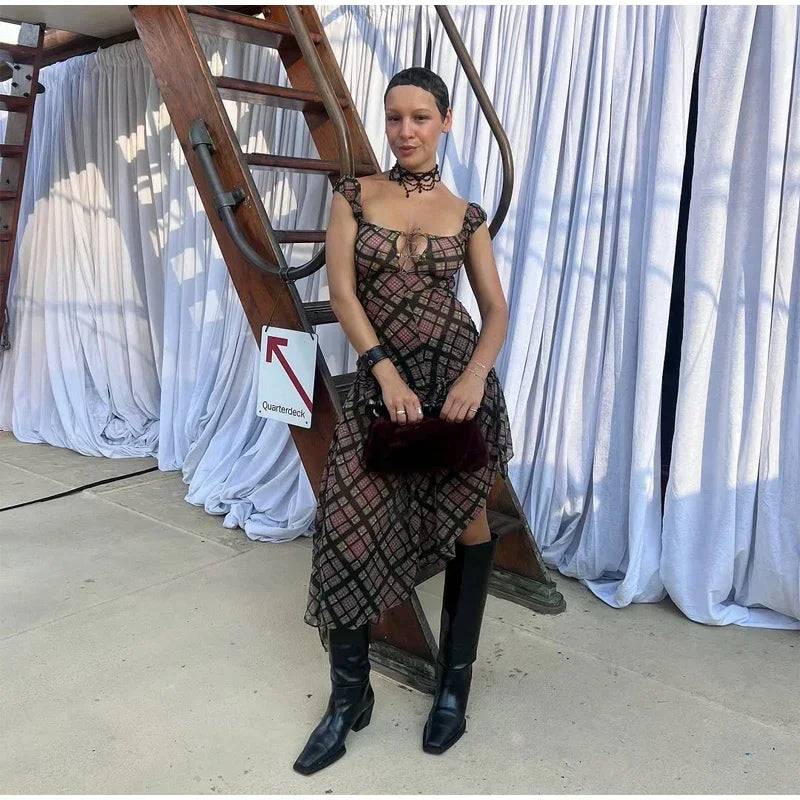 Plaid Off Shoulder Long Dress Women Chic Tie Front Cutout Ruched Asymmetric Hem Sundress 2026 Summer Lady Casual Daily Vestidos