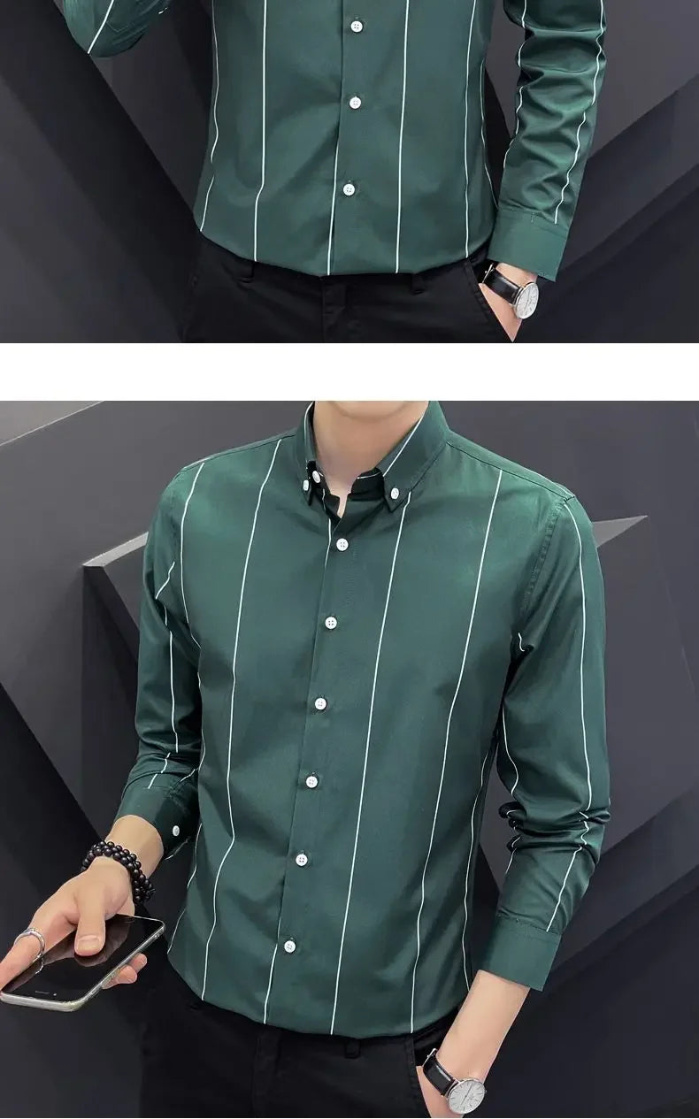 Stylish Men's Striped Shirt Printed Casual Business Dress Shirts Long Sleeve All-Match Slim Fit Fashion Korean Streetwear Shirts