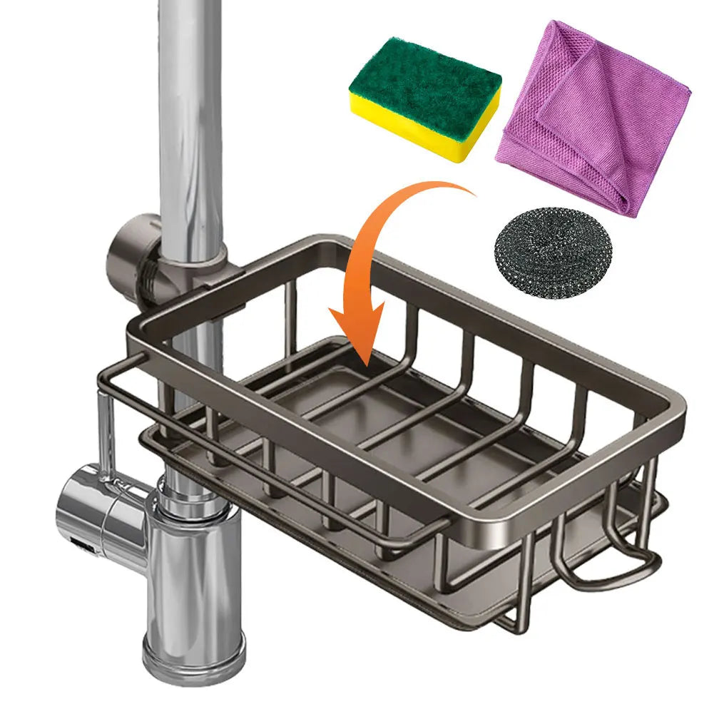 Kitchen Sink Faucet Organizer Detachable Over Faucet Sink Caddy Organizer Faucet Drain Rack with Hook Work with Round Water Pipe