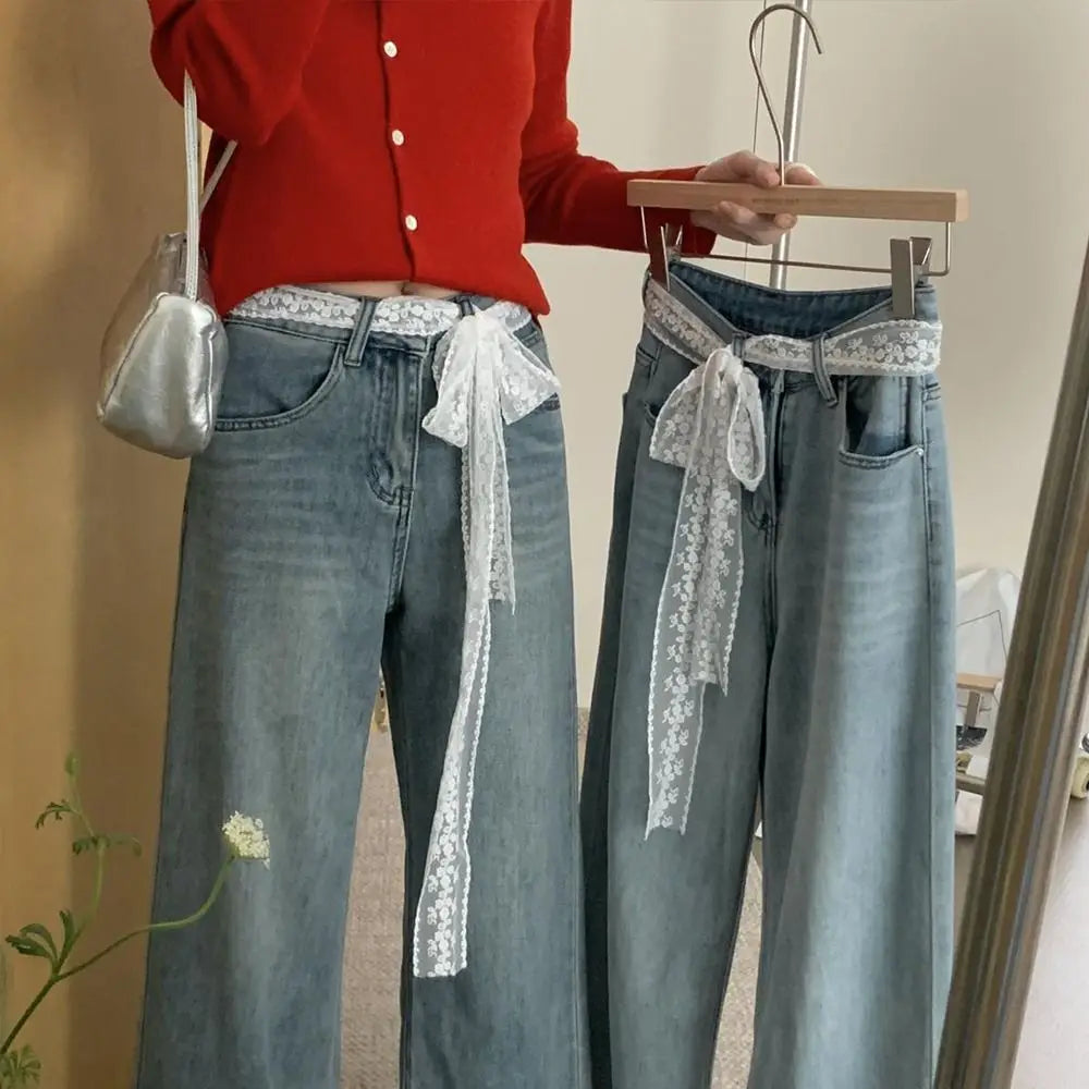 Korean Y2k Long Lace Waistband Floral Thin Lace Waist Belt Tie Up Bow Dress Jeans Belt Summer