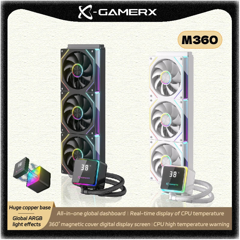 PowerTrain X-GAMERX M360 Liquid Cooler Global ARGB Light Effect 360° Magnetic Cover Digital Display Screen Water Cooler 360mm