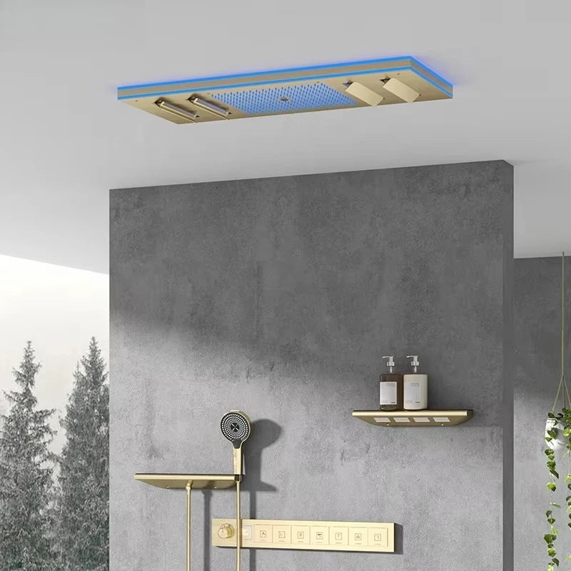 Ceiling Embedded LED Music Shower Head 7 Functions In-Wall Mount Brass Thermostatic Shower Faucet Set