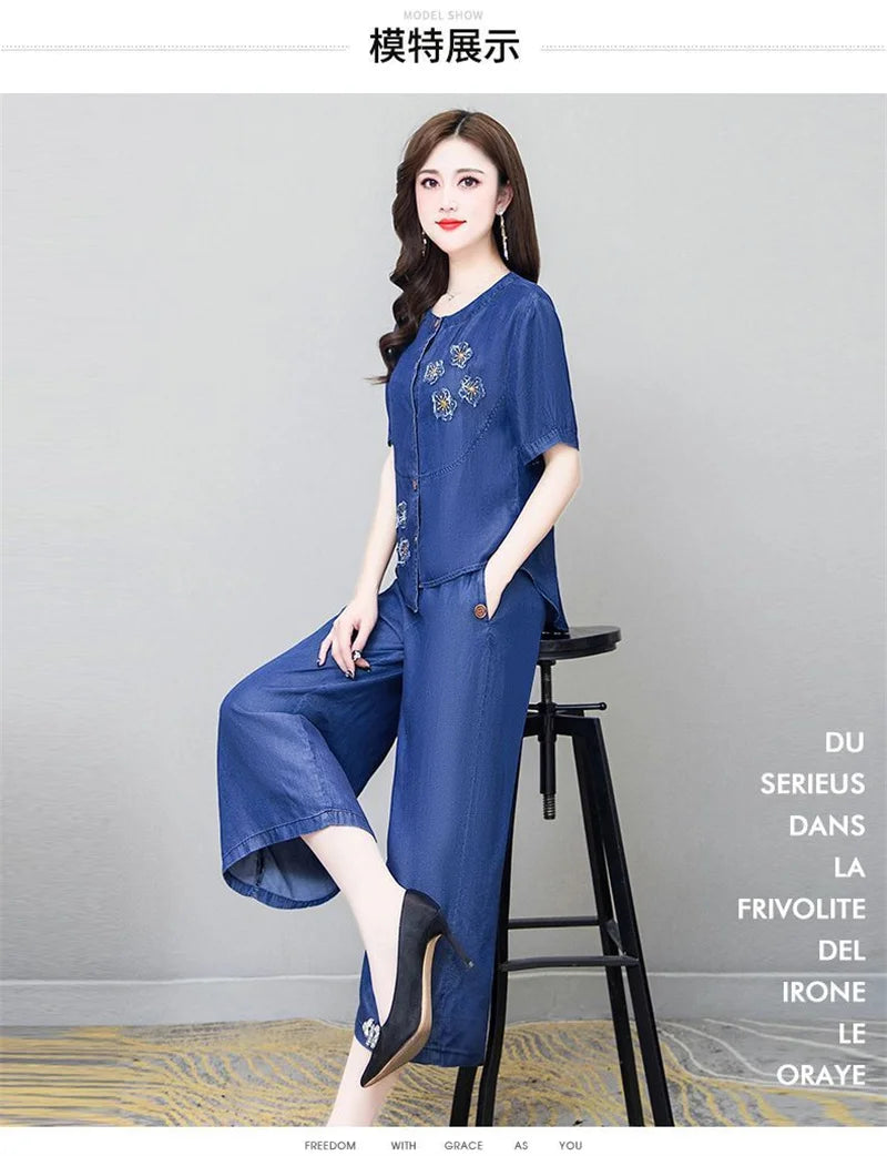 Ethnic Style Denim Wide Leg Pants Sets For Women Spring Summer NEW Embroidery Cowboy Jacket +Jeans Pants Suits Female Outfits