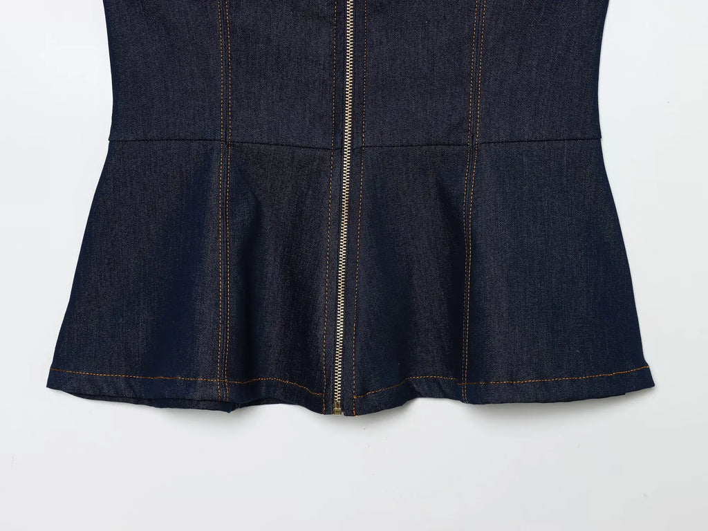 HH Women Summer Sexy Tube Top Zipper Sleeveless Short Top+Mid-Waist High Street Casual Trousers Fashion Denim 2-Piece Set
