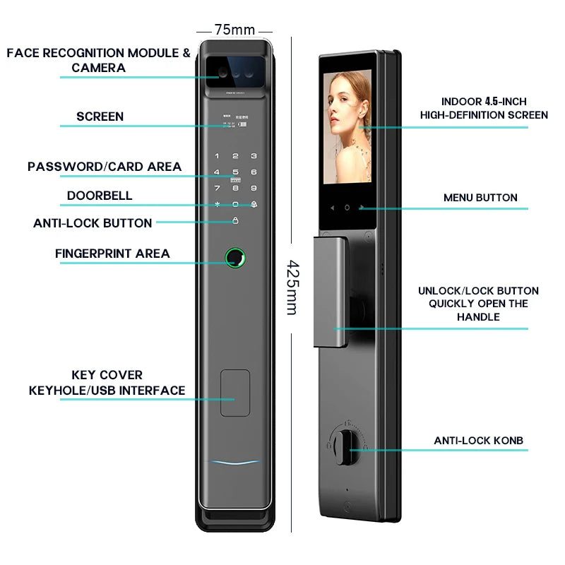 Tuya WiFi High Quality Aluminum Smart Lock Fingerprint Face Recognition Full-Automatic Door Lock With Memory Card For Steel Door