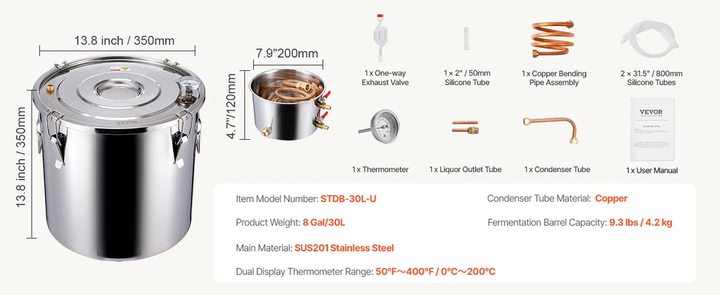SucceBuy 3 5 8 Gallon Alcohol Still  Stainless Steel Water Alcohol Distiller with Copper Coil Brewing Refining Fermentation Kit