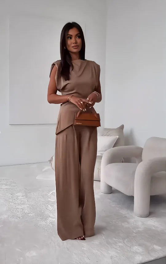 Women's Sleeveless Asymmetric Top & Wide Leg Pants Set Solid Color High Waist Casual Two Piece Outfit Office Lady Simple Set