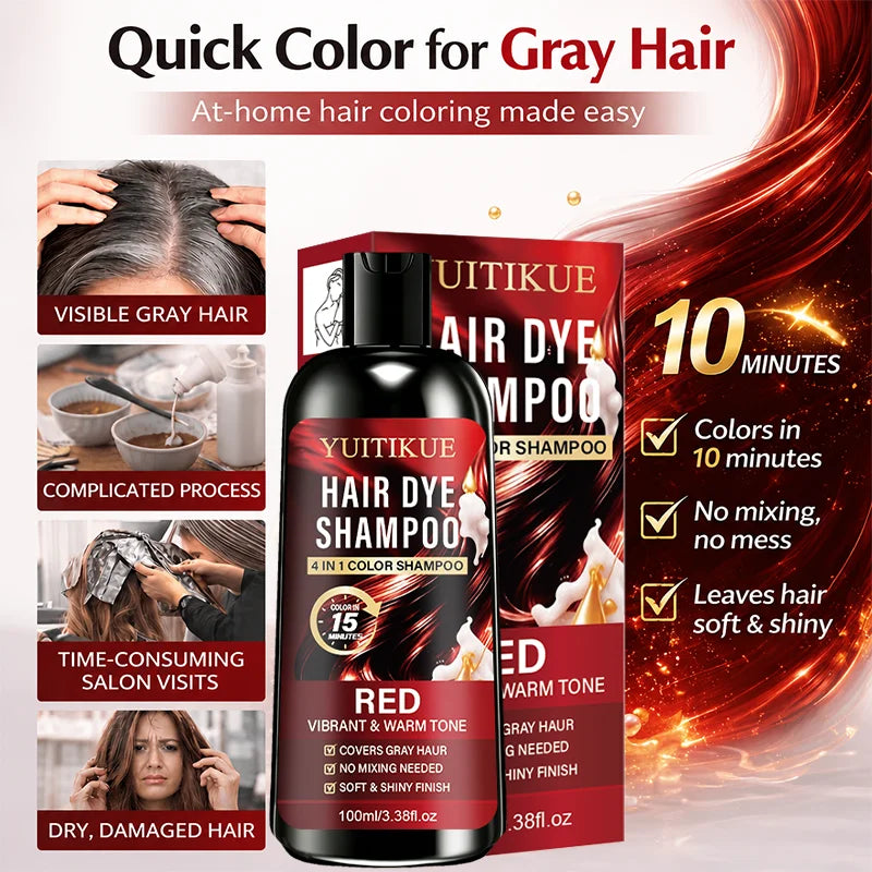 100ml Red 4IN1 Hair Color Shampoo 15 Mins Fast Dye Cover Grey Hair Salon Shine Effect No Mix Needed Warm Vibrant Red Tone