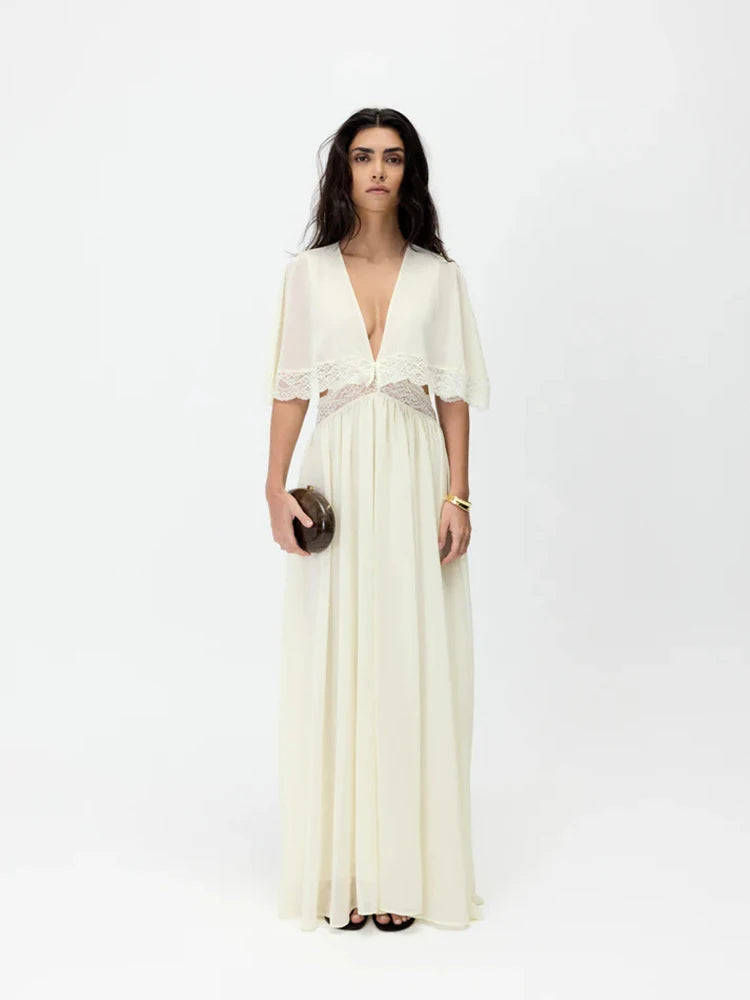 Elegant Short Sleeve Hollow Out Maxi Dresses Fashion Lace Patchwork Women Chiffon Dress 2026 Summer New Lady V Neck Long Robes