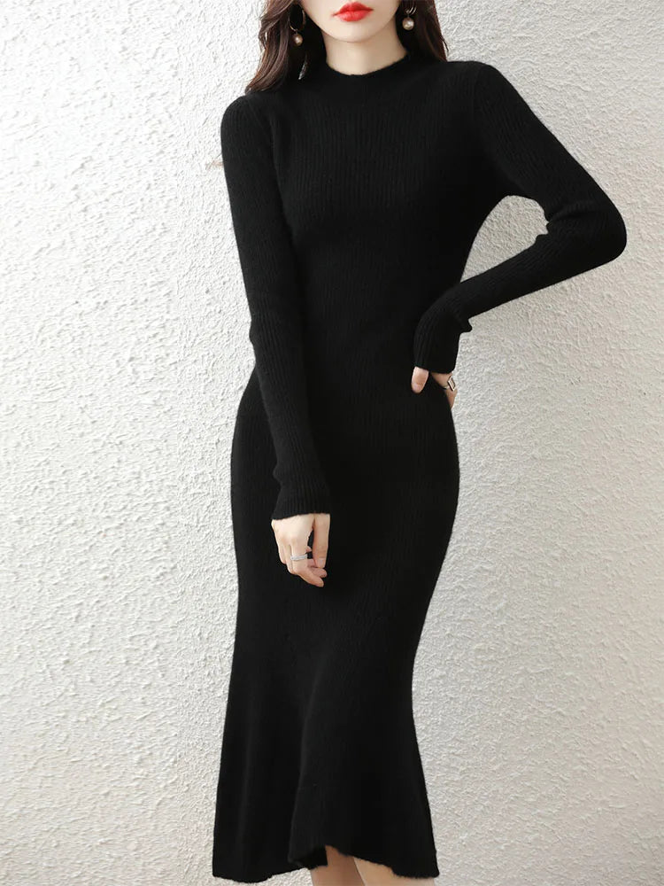 Cashmere Sweater Women's Knitted Dresses 100% Merino Wool O-Neck Elegant Party Dress Autumn Winter Female Pullover Casual Skirts