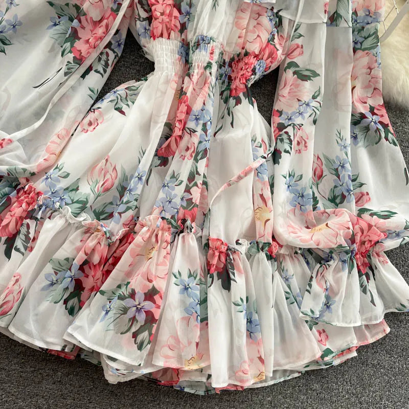 2025 New Retro Summer Beach Vacation Dress Women Sexy Strapless Lantern Sleeve Sweet Floral Jumpsuit Short Chiffon Print Dresses