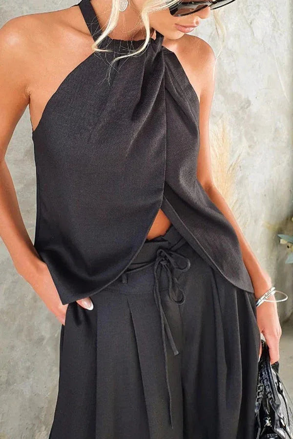 2025 Summer New Women's Elegant Solid Set Sexy Halter Tops+Lace-up Wide-leg Pants Two Piece Set Fashion High Street Office Lady