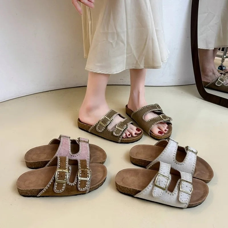 Women's Flat Slide Sandals Open Toe Suede Look Double Buckle Strap Slip on Whipstitch Detail Casual Summer Daily Walking Shoes