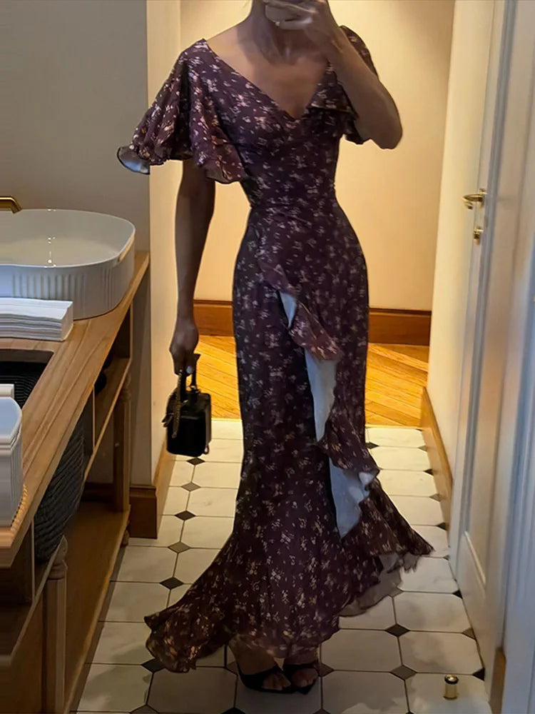 Elegant Women's Printed Lotus Leaf Long Dress Slim High Waist V-neck Short Flared Sleeve Backless Slit Dresses 2026 Summer Robe