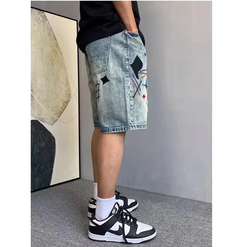 Summer Men American High Street Denim Short Pants Male Lightweight Straight Leg Casual Jeans Fashion Vintage Embroidered Shorts