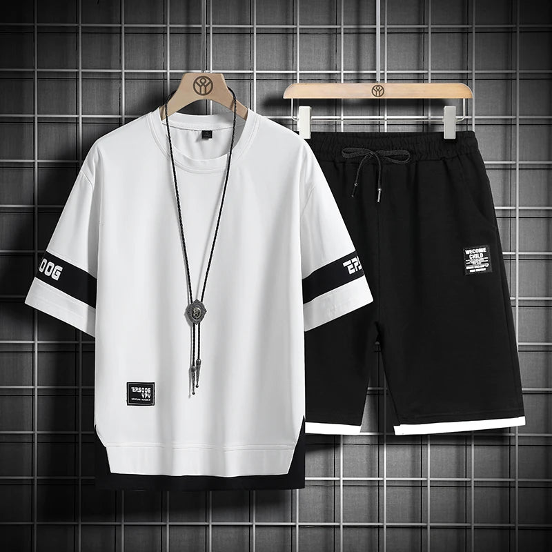 2024 Summer Black White Tracksuits For Men's Set Sleeves T-Shirt + Shorts Sportswear Brand Sporting Suit Oversize 5XL