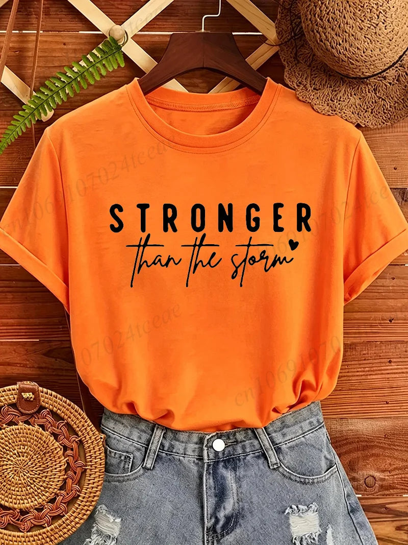 Women T‑Shirt Stronger Than The Storm Letter Print Short Sleeve O‑Neck Casual Loose Inspirational Motivational Graphic Tops Tees