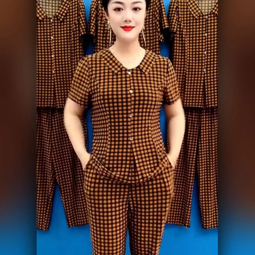 Summer New Korean Fashion Women Thin Plaid Two Piece Set V-neck Printed Patchwork Button Short Sleeved Top Straight Pants Suit