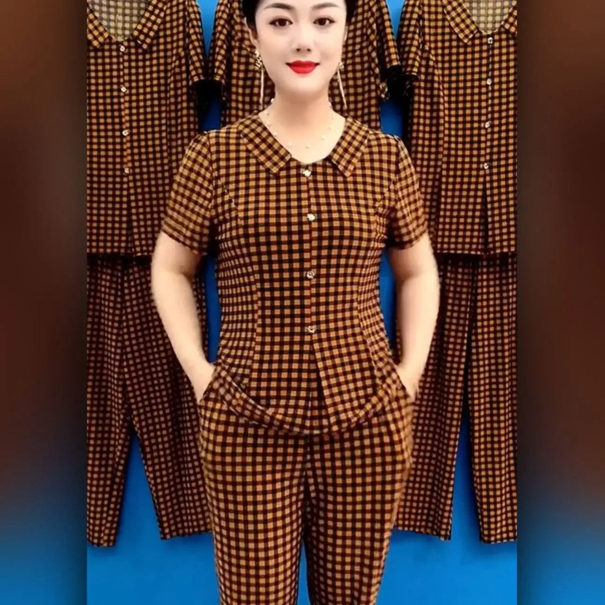 Summer New Korean Fashion Women Thin Plaid Two Piece Set V-neck Printed Patchwork Button Short Sleeved Top Straight Pants Suit