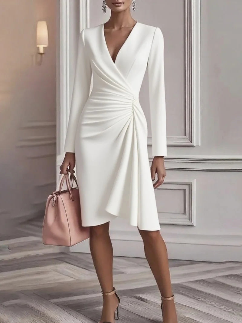 Women Long Sleeve V Neck Ruched Wrap Midi Dress Elegant Office Lady Bodycon Cocktail Party Sheath Dress