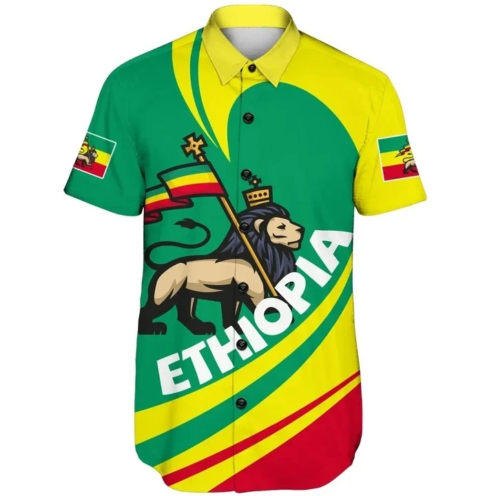 Ethiopia Africa County Flag Map Short Sleeve Shirts For Men Clothes Orthodox Tee National Emblem Graphic Blouses Hawaii Boy Tops