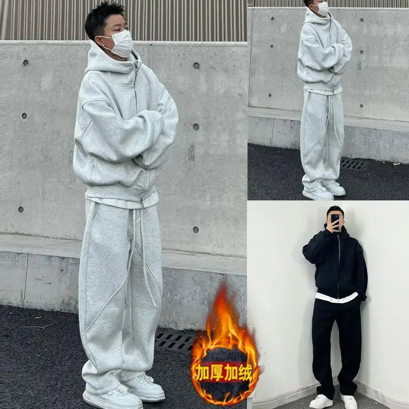 Casual Sports Suit Men's Velvet Thickened Loose Hooded Jacket Sweatshirt Sweatpants Two-piece Set