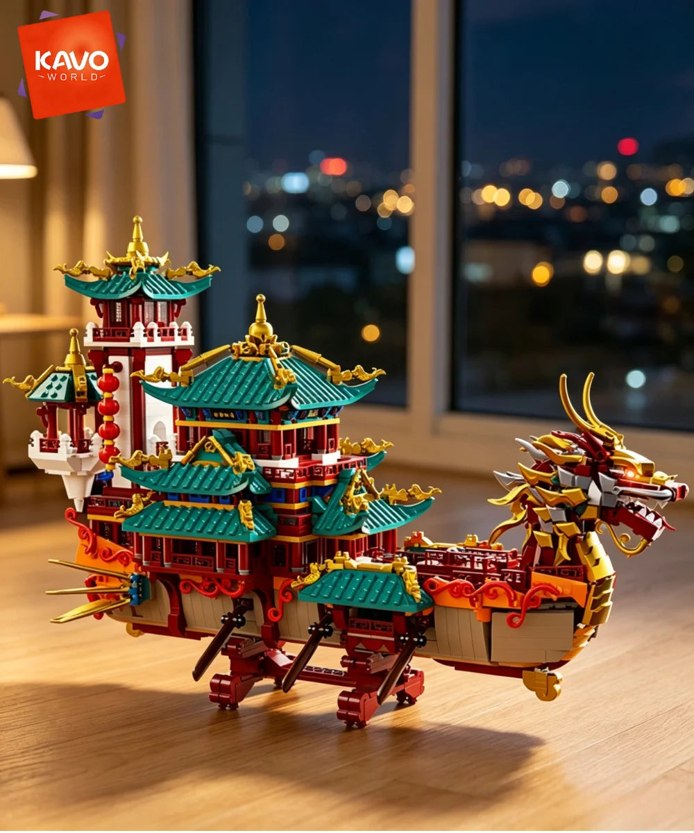 KAVOWORLD 2453pcs Dragon Boat Building Blocks Festival Chinese Ancient Pavilion Ship Display Model with LED Light Traditional DIY Loong Vessel Brick Assembly Puzzle Set Home Ornament Architecture MOC Construction Kit Hallowee